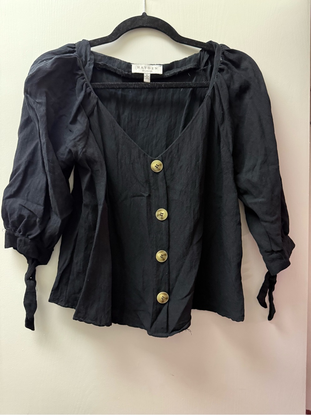Hayden Black Button-Front Peasant Blouse with Tie Sleeves